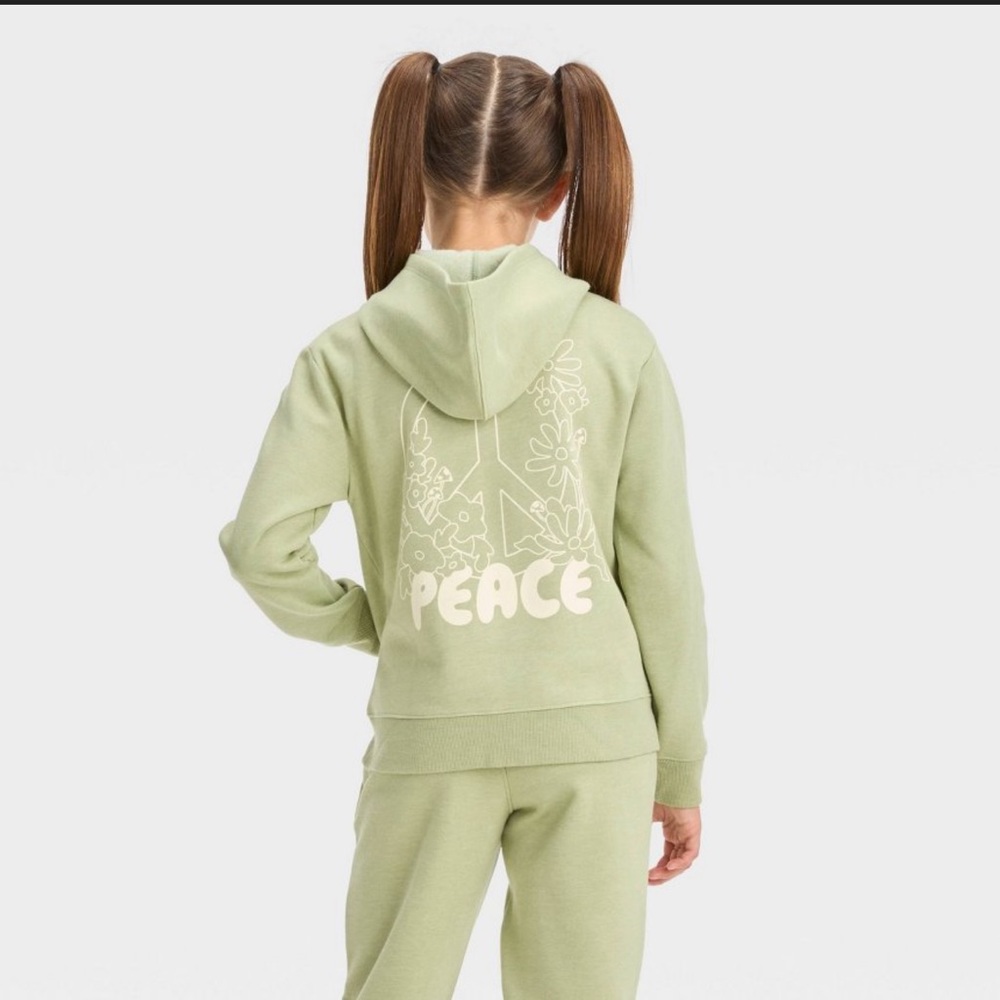 Girls' Zip-Up Fleece Hoodie Sweatshirt - Cat & Jack™ Light Olive Green L 10-12 - Picture 2 of 3